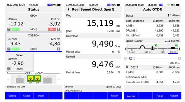 Medición simultánea del nivel óptico con un OPM selectivo 5x (l.), medición del rendimiento de acceso hasta 10 Gbits/s en forma de prueba de velocidad IP (m.) y la tabla
de eventos típica de una medición OTDR automatizada en dos longitudes de onda (r.